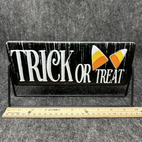 Rotating Halloween Sign TRICK OR TREAT & WELCOME Candy Corn Black Cat Metal - Picture 1 of 7